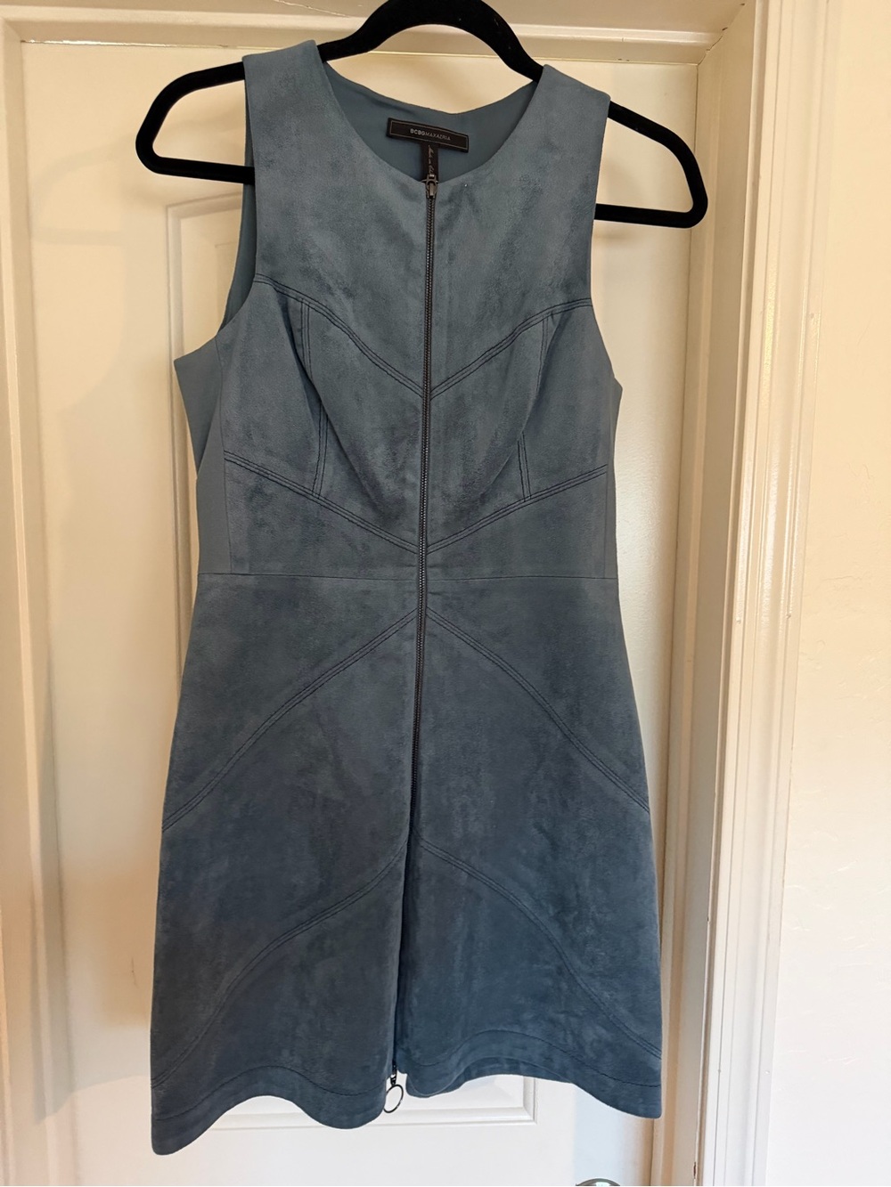 BCBGMaxAzria Dusty Blue Suede Zip-Front Sleeveless Mini Dress